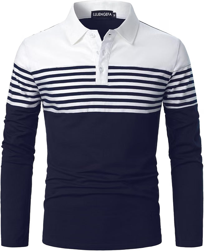 Mens Polo Shirts Long/Short Sleeve Striped Casual Slim Fit Golf Polo Contrast Color Summer Cotton T-Shirts