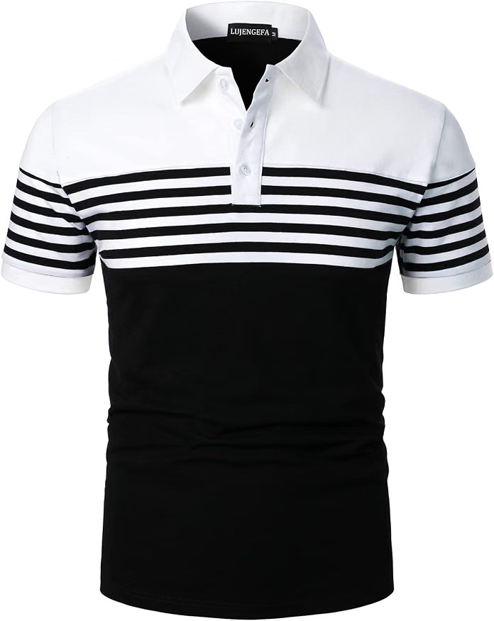 Mens Polo Shirts Long/Short Sleeve Striped Casual Slim Fit Golf Polo Contrast Color Summer Cotton T-Shirts