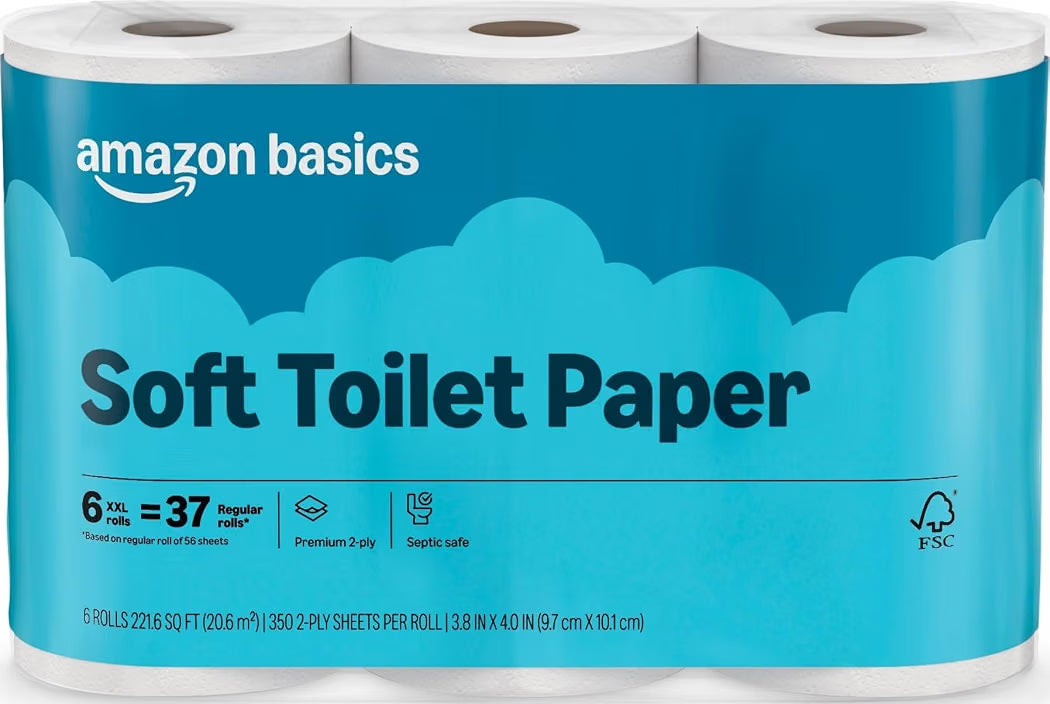 Amazon Basics 2-Ply Soft Toilet Paper, 30 Rolls (5 Packs of 6), 350 Sheets per Roll, Septic Safe, Equivalent to 185 Regular Rolls
