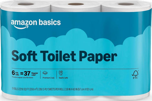 Amazon Basics 2-Ply Soft Toilet Paper, 30 Rolls (5 Packs of 6), 350 Sheets per Roll, Septic Safe, Equivalent to 185 Regular Rolls