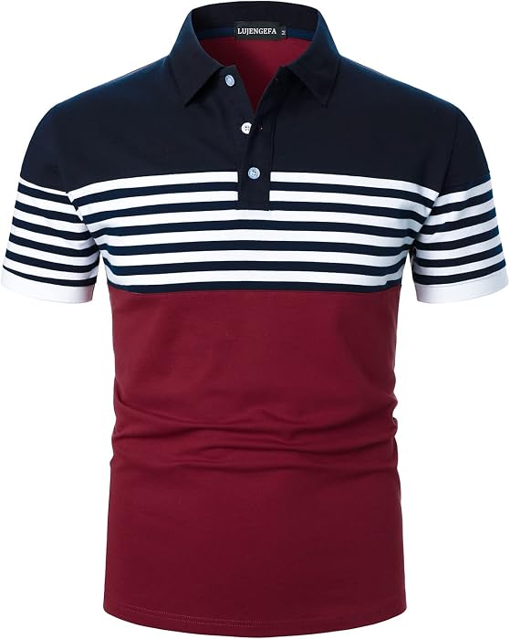 Mens Polo Shirts Long/Short Sleeve Striped Casual Slim Fit Golf Polo Contrast Color Summer Cotton T-Shirts