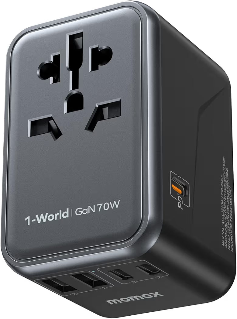 MOMAX 70W GaN Universal Travel Adapter, All-in-One Travel Charging UK/EU/US/AU/JP Compatible Travel Essential, 3 USB-C PD Ports & 2 USB-A Ports for Laptop, Phone & More