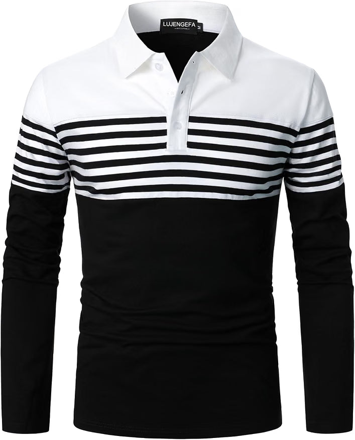 Mens Polo Shirts Long/Short Sleeve Striped Casual Slim Fit Golf Polo Contrast Color Summer Cotton T-Shirts