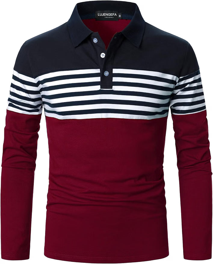 Mens Polo Shirts Long/Short Sleeve Striped Casual Slim Fit Golf Polo Contrast Color Summer Cotton T-Shirts