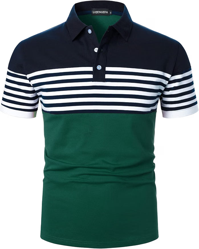 Mens Polo Shirts Long/Short Sleeve Striped Casual Slim Fit Golf Polo Contrast Color Summer Cotton T-Shirts