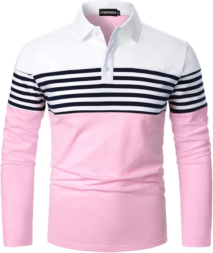 Mens Polo Shirts Long/Short Sleeve Striped Casual Slim Fit Golf Polo Contrast Color Summer Cotton T-Shirts