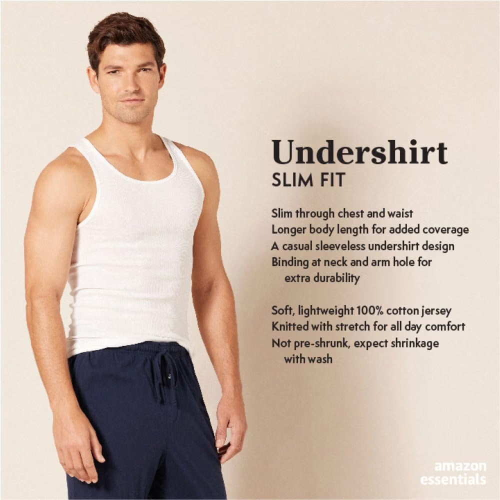 Amazon Essentials Men's Lightweight Breathable Cotton Slim Fit Tank Undershirts, Pack of 6