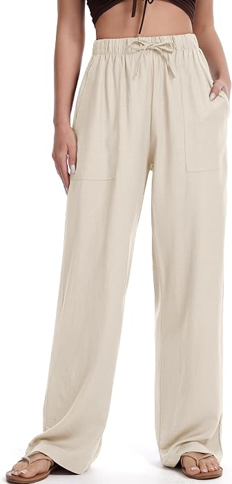 Womens Linen Pants Wide Leg Drawstring Palazzo Casual Beach Summer Pants for Women with Pockets 2026