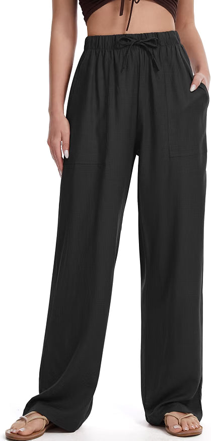 Womens Linen Pants Wide Leg Drawstring Palazzo Casual Beach Summer Pants for Women with Pockets 2026
