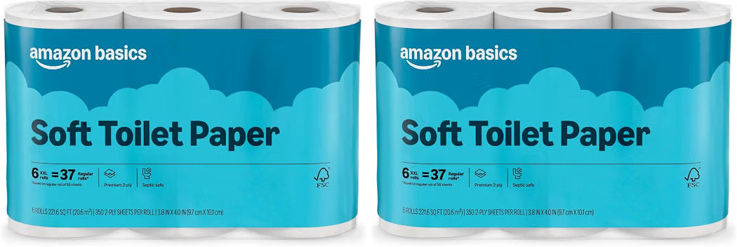 Amazon Basics 2-Ply Soft Toilet Paper, 30 Rolls (5 Packs of 6), 350 Sheets per Roll, Septic Safe, Equivalent to 185 Regular Rolls