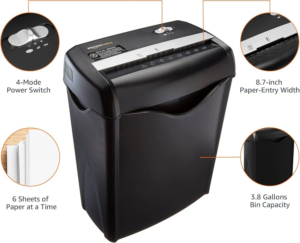 Amazon Basics 6-Sheet Cross-Cut Paper and Credit Card Shredder with 3.8 Gallon Bin, Shreds Staples, Black
