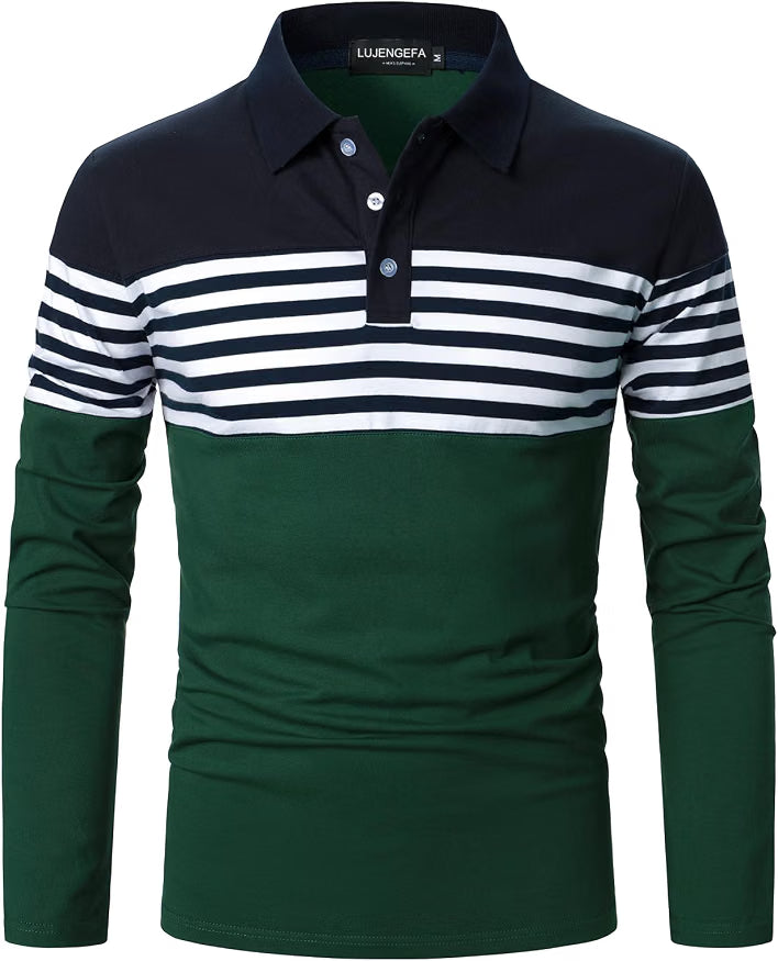 Mens Polo Shirts Long/Short Sleeve Striped Casual Slim Fit Golf Polo Contrast Color Summer Cotton T-Shirts