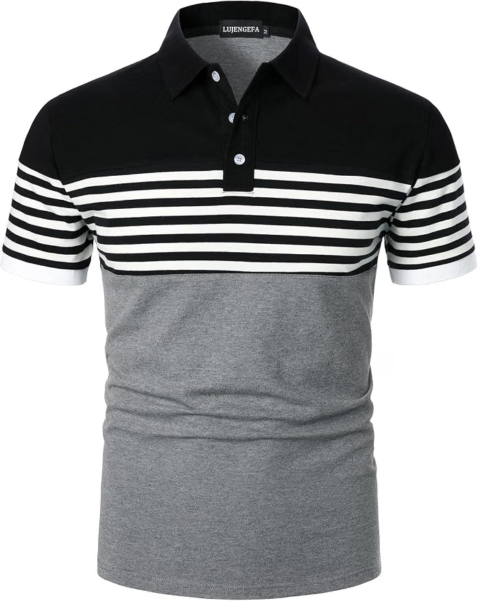 Mens Polo Shirts Long/Short Sleeve Striped Casual Slim Fit Golf Polo Contrast Color Summer Cotton T-Shirts