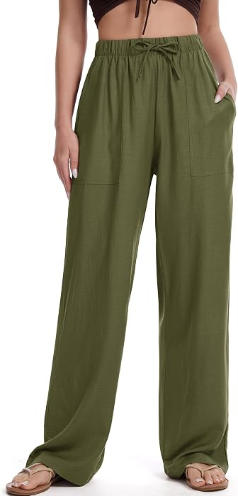 Womens Linen Pants Wide Leg Drawstring Palazzo Casual Beach Summer Pants for Women with Pockets 2026