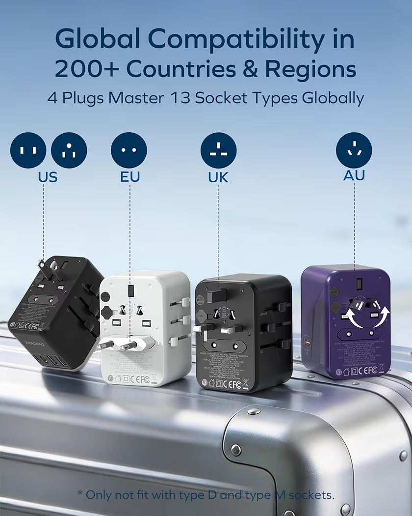MOMAX 70W GaN Universal Travel Adapter, All-in-One Travel Charging UK/EU/US/AU/JP Compatible Travel Essential, 3 USB-C PD Ports & 2 USB-A Ports for Laptop, Phone & More