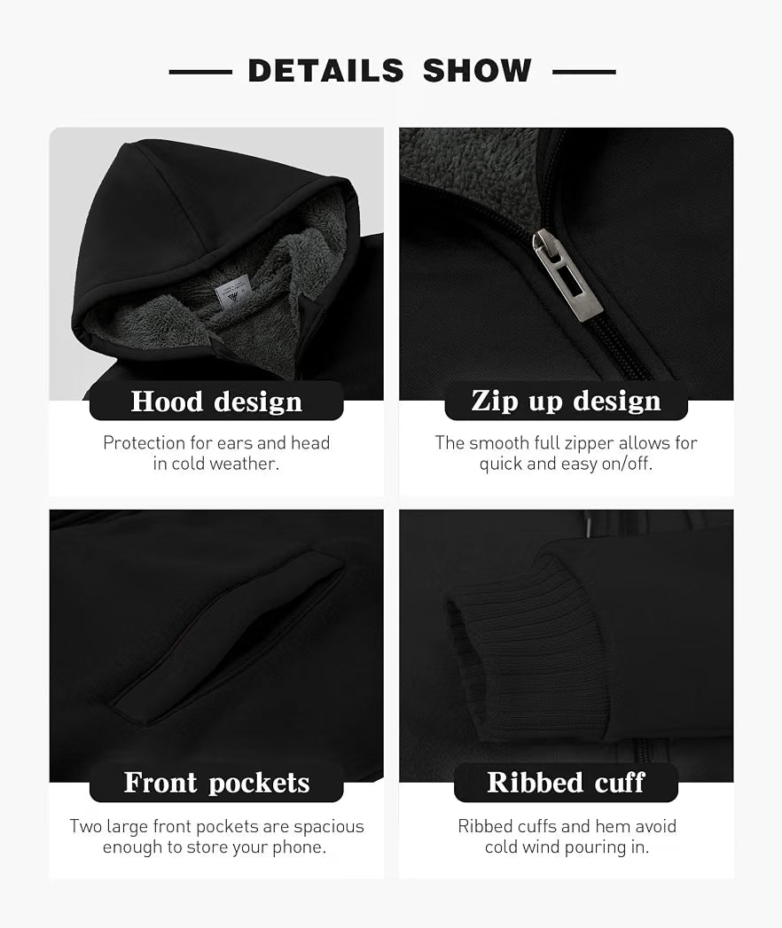 ZITY Men's Zip Up Hoodie Heavyweight Winter Sweatshirt Fleece Sherpa Lined Warm Jacket