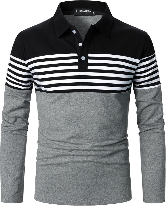 Mens Polo Shirts Long/Short Sleeve Striped Casual Slim Fit Golf Polo Contrast Color Summer Cotton T-Shirts